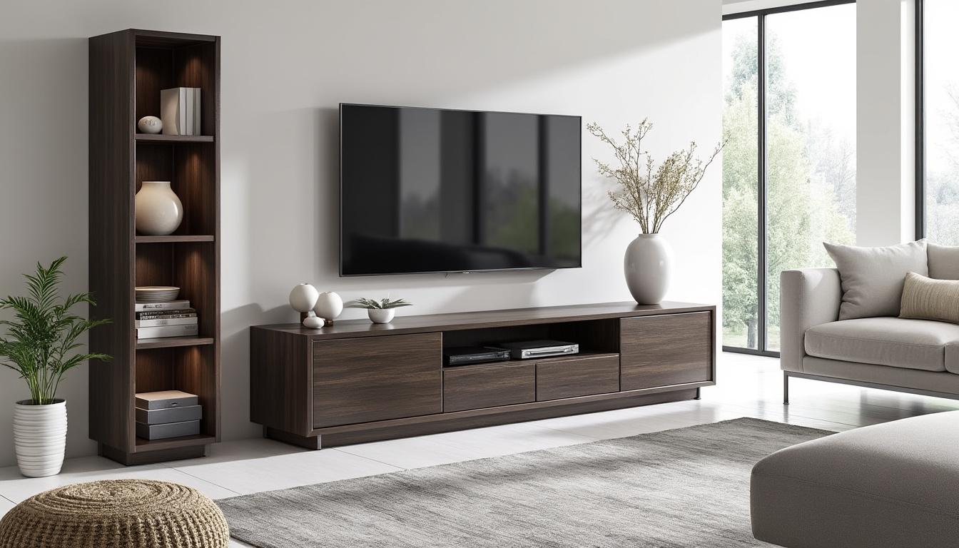 découvrez le meuble tv kikua de 130 cm en blanc brillant, une pièce au design élégant qui allie esthétique moderne et fonctionnalité optimale pour sublimer votre intérieur.