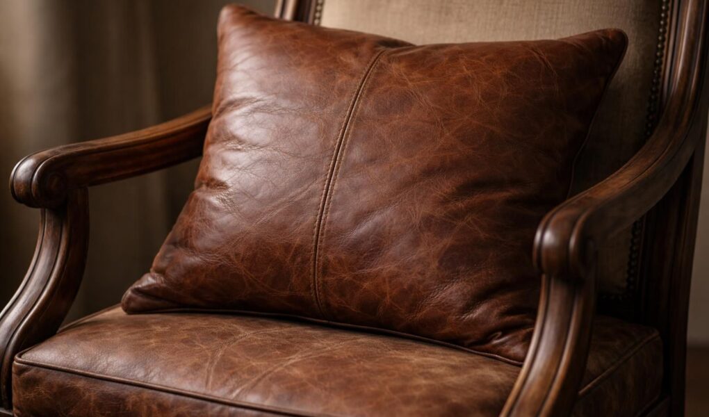 découvrez notre coussin en marron vieilli, parfait pour apporter une touche cuir vintage chaleureuse et élégante à votre fauteuil.