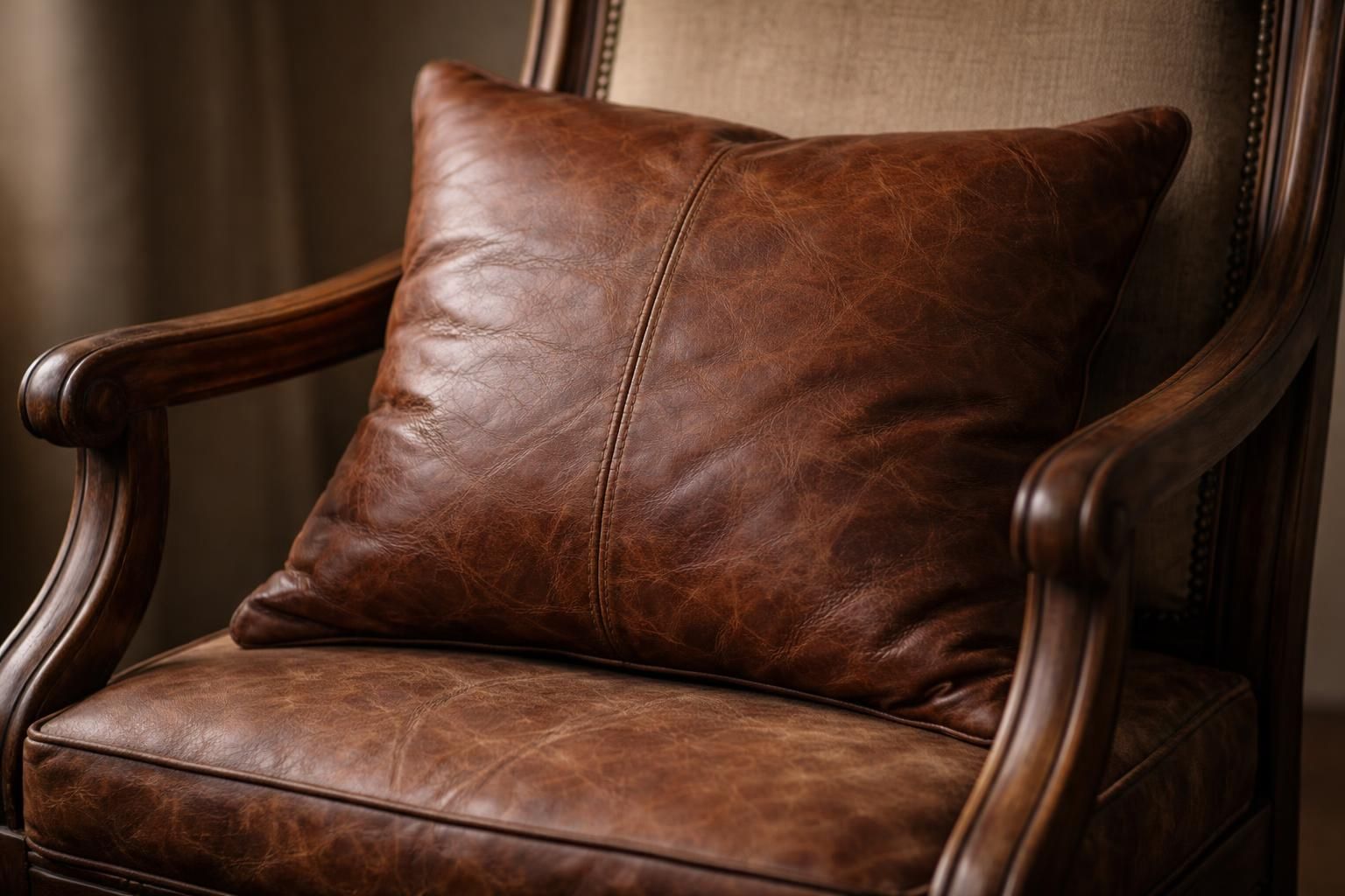 découvrez notre coussin en marron vieilli, parfait pour apporter une touche cuir vintage chaleureuse et élégante à votre fauteuil.