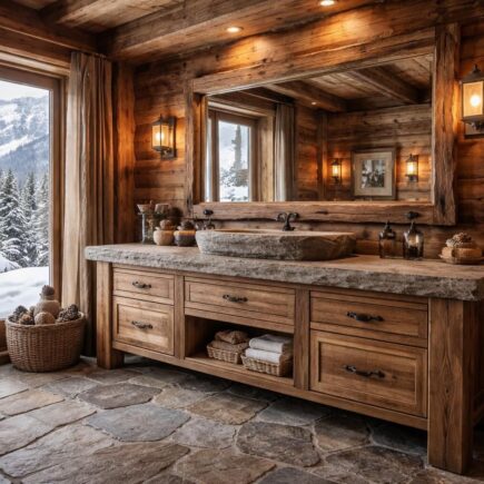 découvrez le charme authentique du meuble de salle de bain style chalet, alliant la chaleur du bois et l'ambiance cosy de la montagne pour une salle de bain élégante et accueillante.