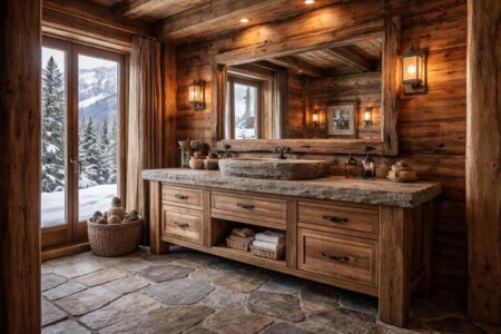 découvrez le charme authentique du meuble de salle de bain style chalet, alliant la chaleur du bois et l'ambiance cosy de la montagne pour une salle de bain élégante et accueillante.