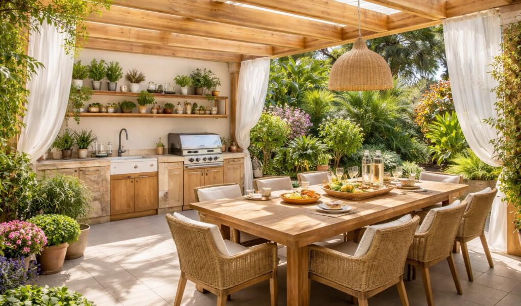découvrez nos idées d'aménagement extérieur pour créer une cuisine d'été conviviale et fonctionnelle sous une pergola, parfaite pour profiter des beaux jours en toute convivialité.
