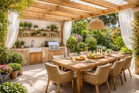 découvrez nos idées d'aménagement extérieur pour créer une cuisine d'été conviviale et fonctionnelle sous une pergola, parfaite pour profiter des beaux jours en toute convivialité.