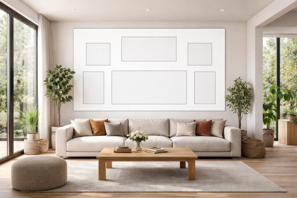 découvrez comment simuler facilement l’emplacement de vos cadres dans le salon à l’aide d’un écran de projection, pour un agencement parfait et harmonieux.