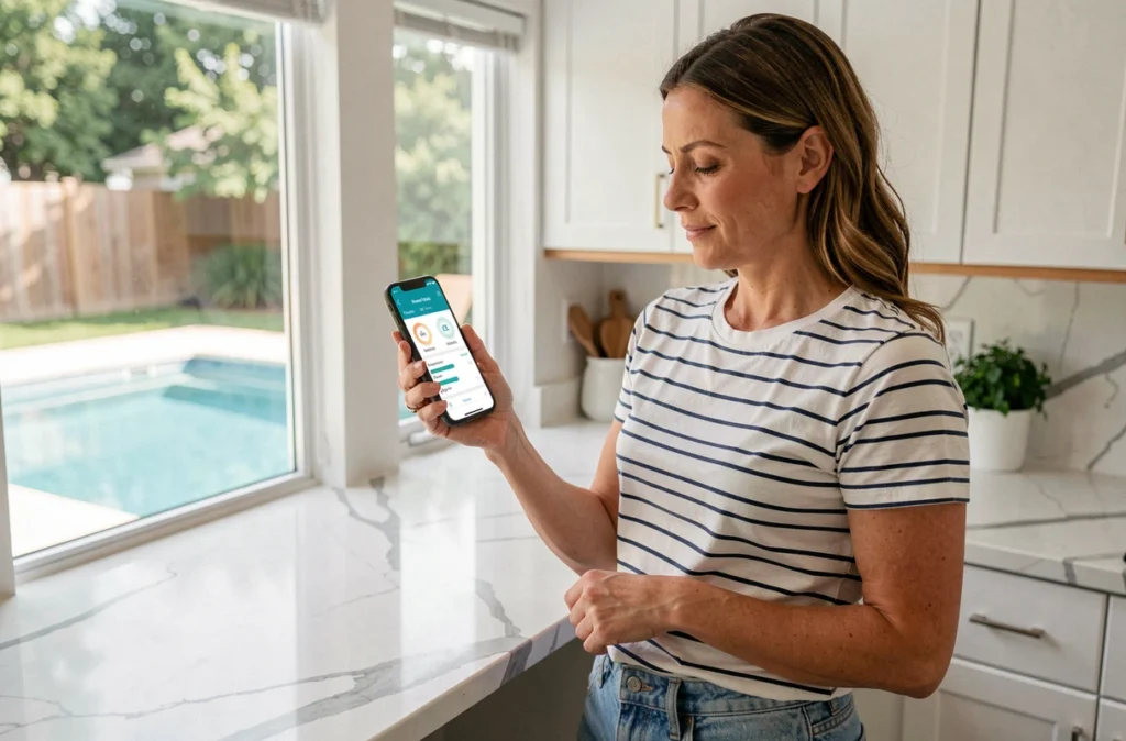 Femme consultant une application domotique sur son smartphone pour surveiller la qualité de l'eau de sa piscine depuis la cuisine