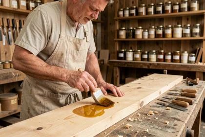 Artisan appliquant de l'huile de lin sur une planche en chêne brut dans un atelier de menuiserie