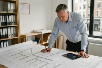Architecte étudiant des plans de pente d'escalier avec un tableau de conversion de degrés sur une table à dessin