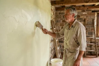 Artisan appliquant de la peinture à la chaux sur un mur en pierre d'une maison rustique rénovée