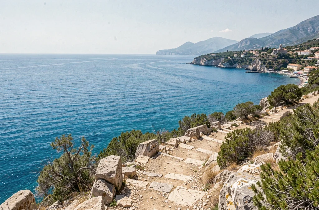 Vue panoramique de la côte méditerranéenne depuis une falaise montrant la mer d'un bleu azur éclatant