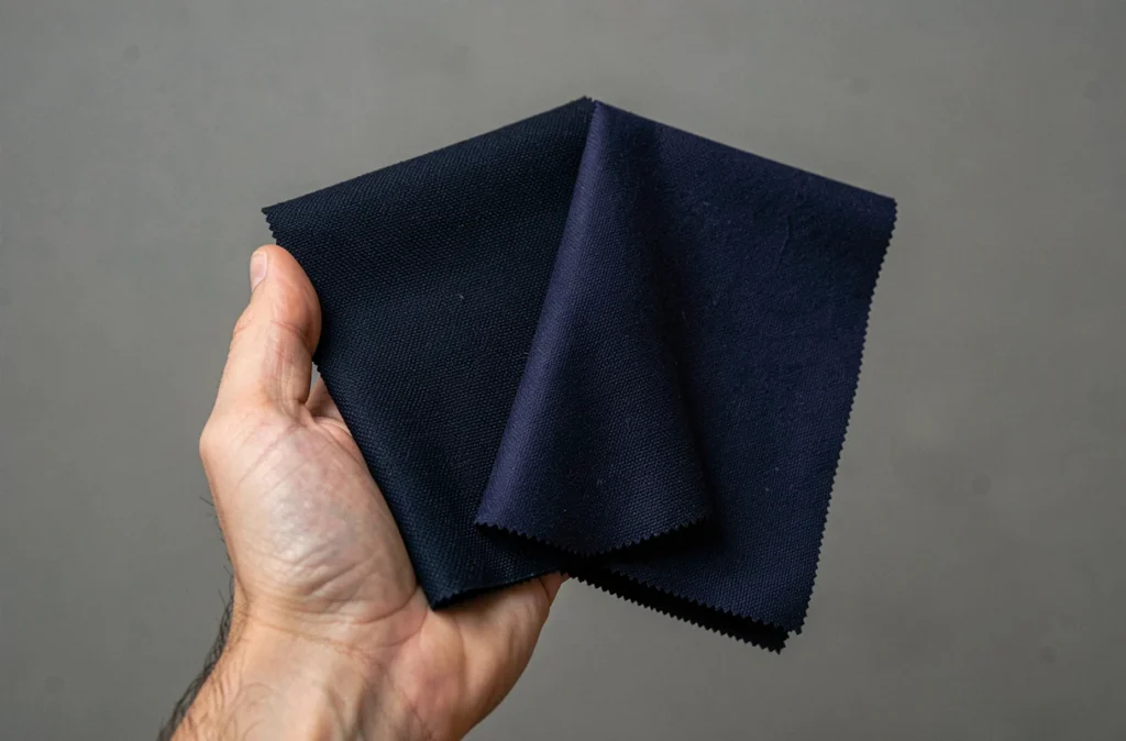 Main tenant deux échantillons de tissu bleu foncé comparés côte à côte sur fond gris neutre