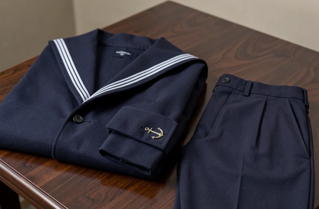 Veste de marin bleu marine soigneusement pliée sur une surface en bois poli avec bouton ancre visible