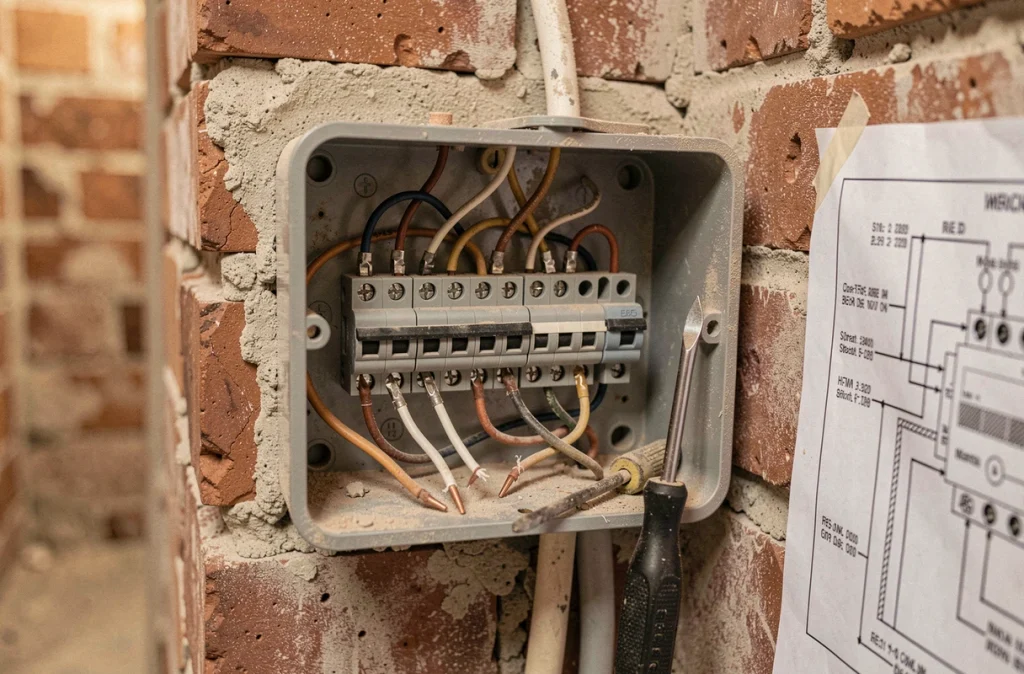 Gros plan sur des borniers domino dans un boîtier électrique ouvert fixé sur un mur en brique, montrant des erreurs fréquentes de câblage en rénovation