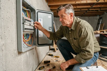 Bricoleur inspectant un tableau électrique domino dans un sous-sol en cours de rénovation