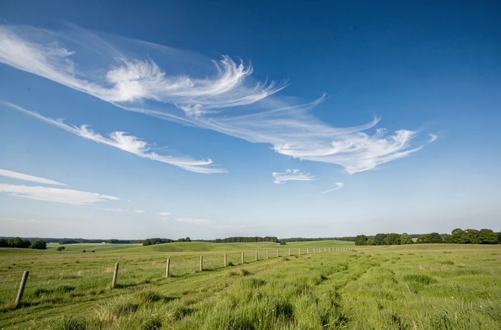 Vaste ciel bleu au-dessus d'un paysage de campagne verdoyante avec quelques nuages blancs légers