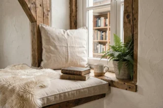 Coin lecture douillet aménagé dans une alcôve de fenêtre avec coussin en lin naturel, livres empilés et poutre en bois apparente