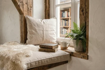 Coin lecture douillet aménagé dans une alcôve de fenêtre avec coussin en lin naturel, livres empilés et poutre en bois apparente
