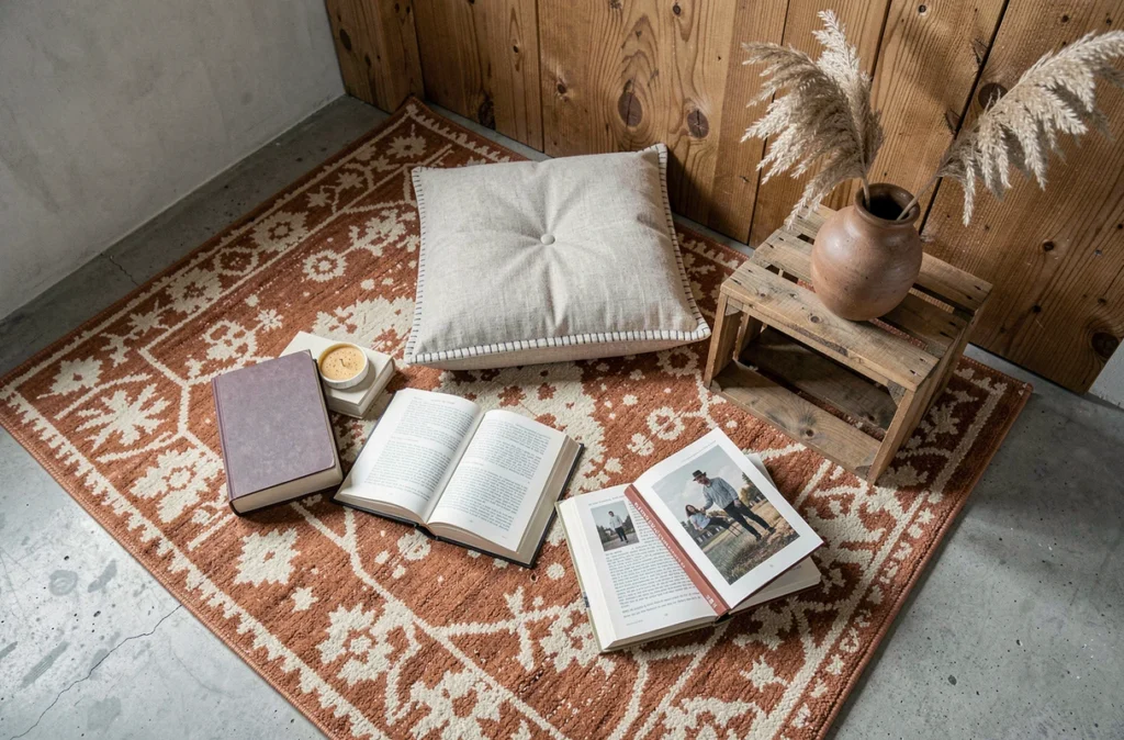 Vue en plongée d'un coin lecture au sol avec coussin en lin, tapis en laine terracotta, livres et bougie en cire naturelle