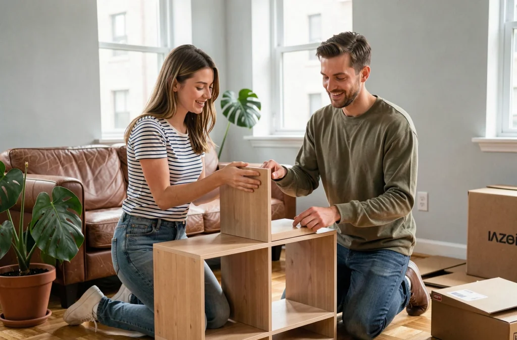Deux colocataires assemblent un meuble étagère modulable dans un salon de location pour optimiser l'espace