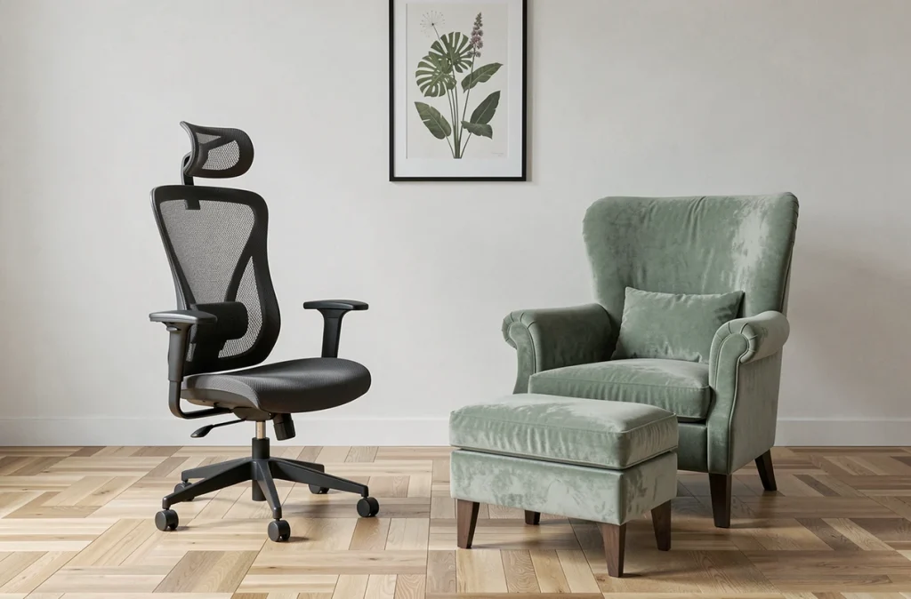 Comparaison côte à côte d'une chaise ergonomique de bureau et d'un fauteuil de lecture confortable