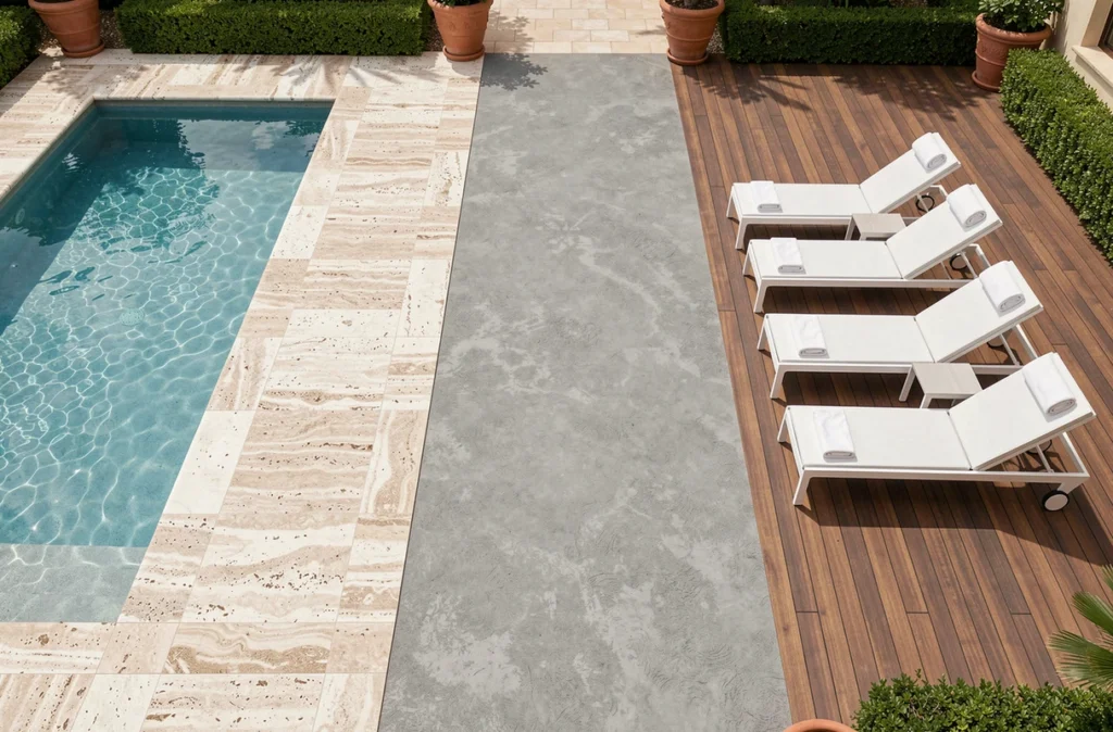Comparaison de trois revêtements antidérapants piscine : travertin, béton brossé et bois teck en vue aérienne