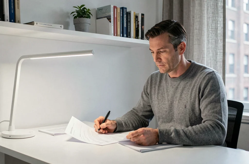 Homme travaillant dans un bureau à domicile avec une lampe de bureau à lumière du jour et une décoration minimaliste en blanc