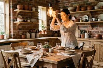 Femme choisissant une ampoule à teinte chaude au-dessus d'une table de salle à manger en bois rustique avec vaisselle en céramique