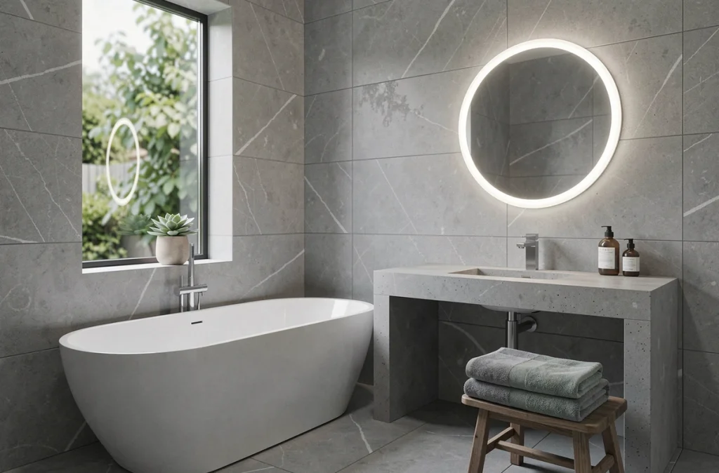 Salle de bain moderne avec baignoire îlot, miroir rétroéclairé à teinte neutre et carrelage en pierre mate