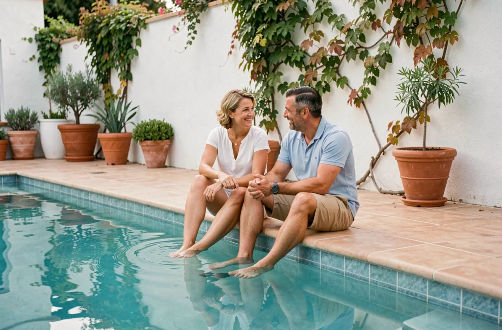 Couple profitant de leur piscine en fin de saison grâce à une pompe à chaleur performante