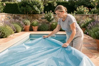 Femme déployant une couverture solaire sur une piscine rectangulaire dans un jardin ensoleillé pour réduire l'évaporation de l'eau