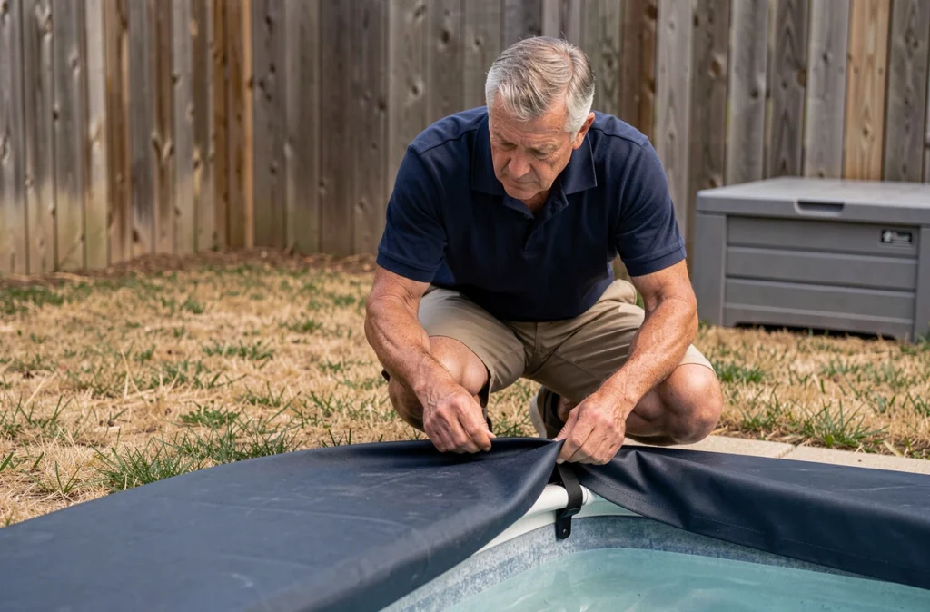 Homme ajustant une couverture thermique sombre sur une piscine hors-sol dans un jardin résidentiel pour limiter la consommation d'eau