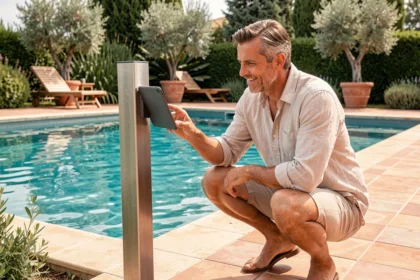 Homme utilisant une tablette domotique pour contrôler l'entretien automatisé de sa piscine familiale dans un jardin méditerranéen