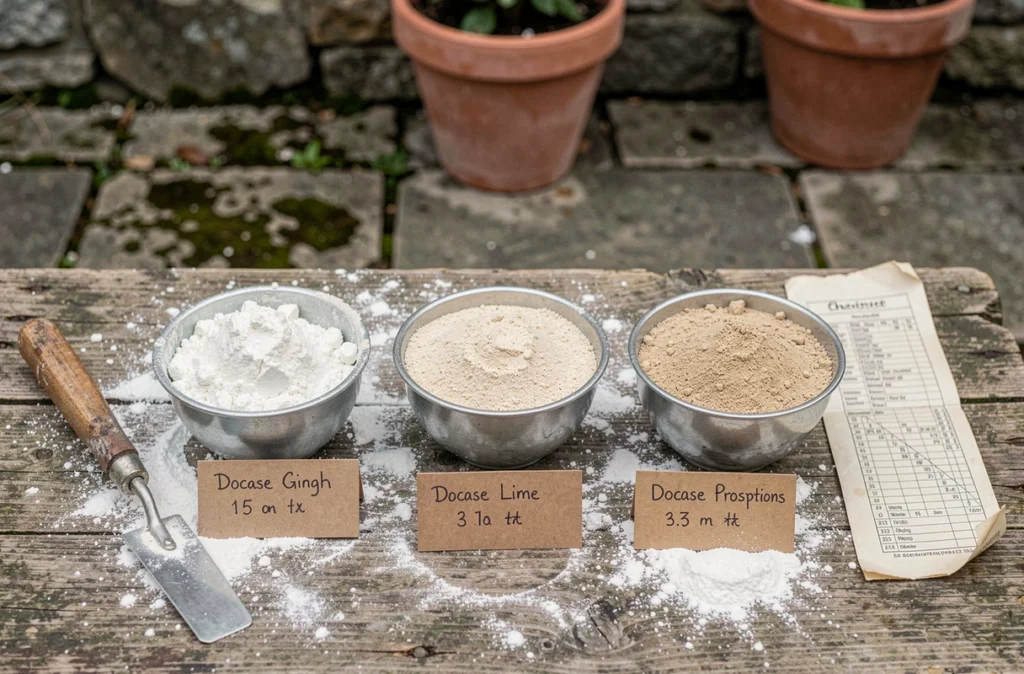 Comparaison de trois dosages de mortier chaux sable dans des bols métalliques avec étiquettes manuscrites sur un établi en bois rustique