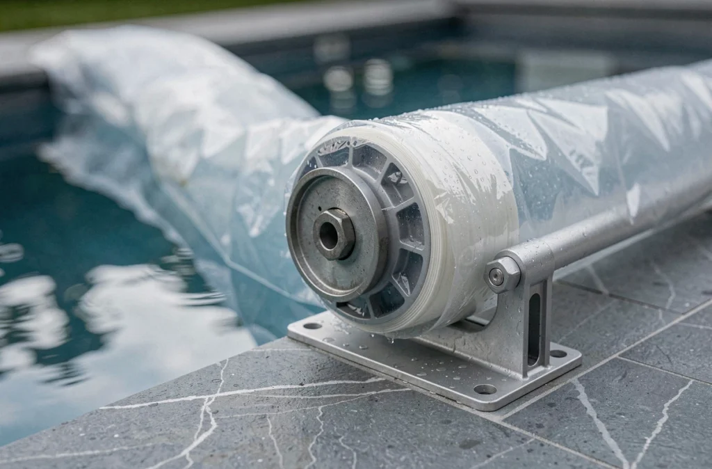 Gros plan sur un enrouleur de couverture de piscine en aluminium avec bâche à bulles translucide et gouttes d'eau sur le rebord en pierre naturelle