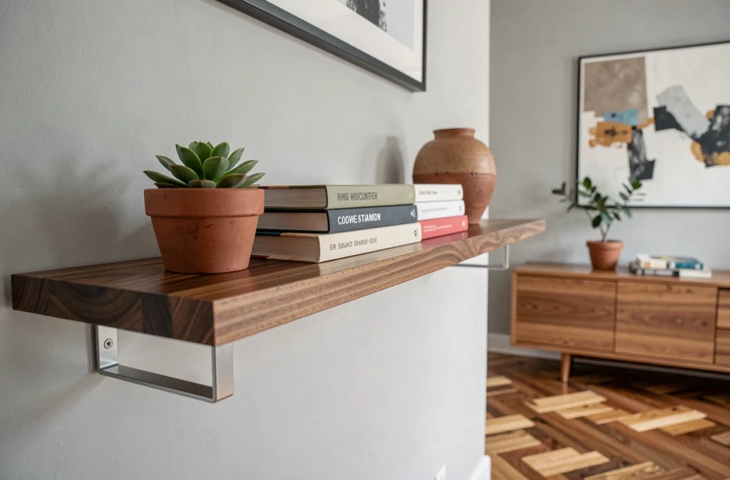 Étagère suspendue en bois de noyer avec décorations dans un salon contemporain épuré