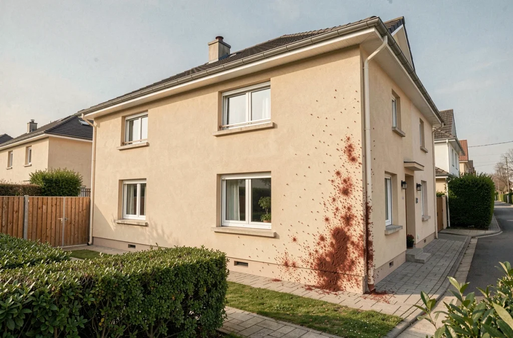 Vue large d'une maison neuve avec une infestation visible de petits insectes rouges sur la façade ensoleillée