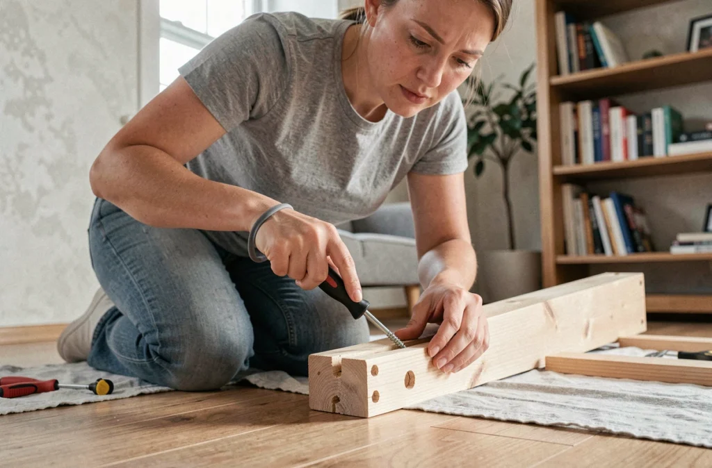 Femme utilisant une astuce avec un élastique pour dévisser une vis foirée dans un meuble en bois