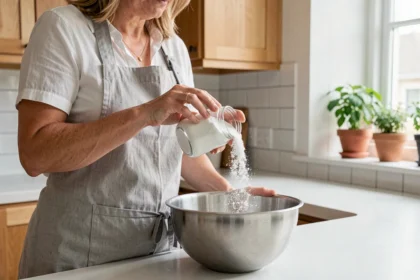 Femme versant du bicarbonate de soude dans un bol en acier inoxydable dans une cuisine moderne et soignée