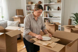 Femme emballant soigneusement une assiette en céramique dans du papier kraft pour un déménagement