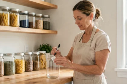 Femme étiquetant un bocal en verre dans une cuisine organisée avec des étagères remplies de bocaux rangés