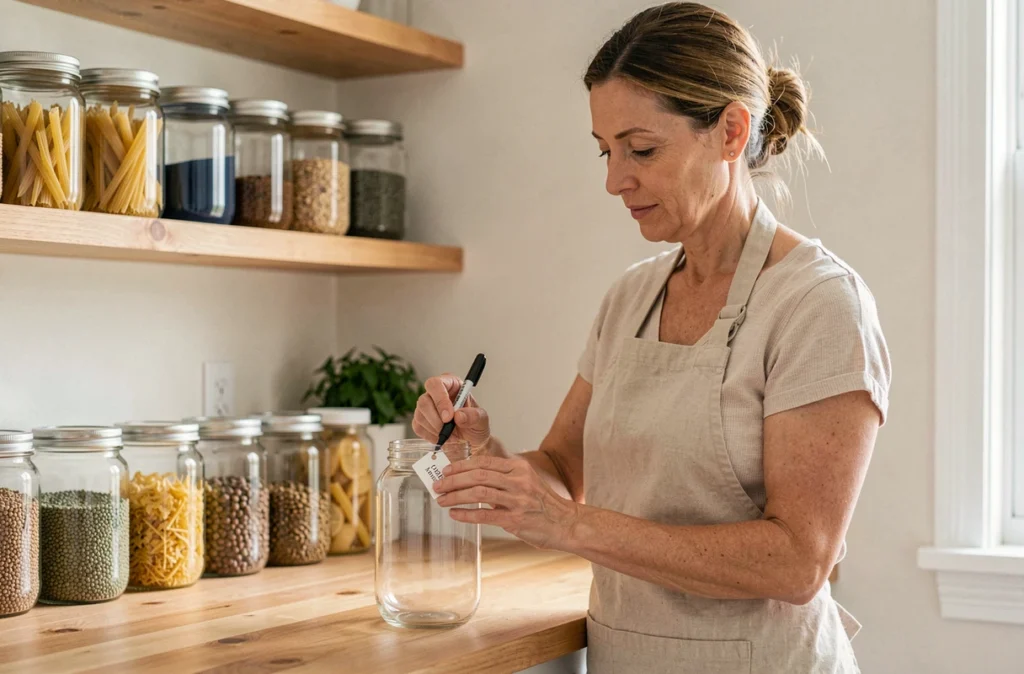 Femme étiquetant un bocal en verre dans une cuisine organisée avec des étagères remplies de bocaux rangés
