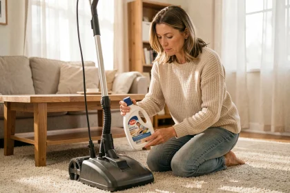 Femme lisant l'étiquette d'une lessive avant de l'utiliser dans une shampouineuse de tapis à la maison
