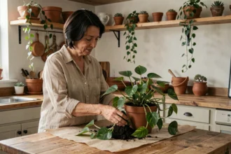 Femme rempotant une plante verte dépolluante dans une cuisine lumineuse et naturelle