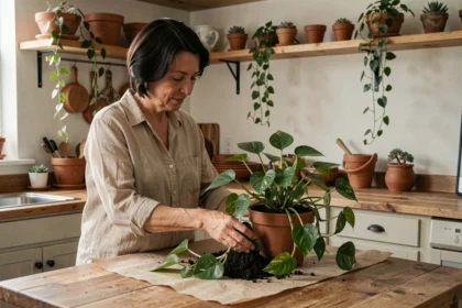 Femme rempotant une plante verte dépolluante dans une cuisine lumineuse et naturelle