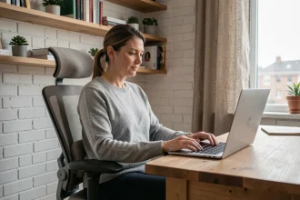 Femme en télétravail assise dans un fauteuil ergonomique à bureau à domicile