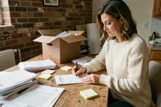 Femme remplissant un formulaire de réexpédition de courrier postal lors d'un déménagement