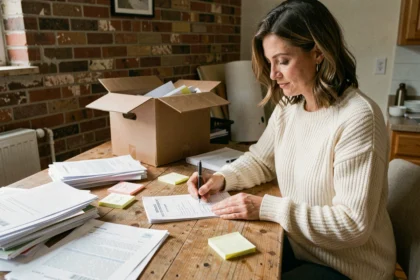Femme remplissant un formulaire de réexpédition de courrier postal lors d'un déménagement