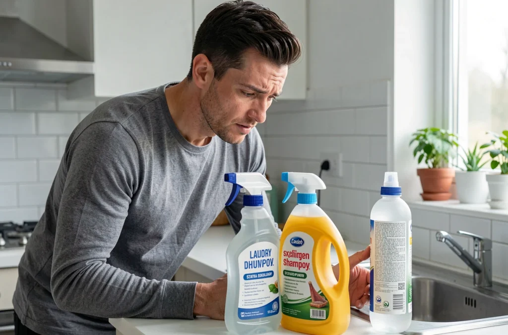 Homme comparant des produits ménagers pour trouver une alternative sûre à la lessive dans une shampouineuse en cas d'allergies