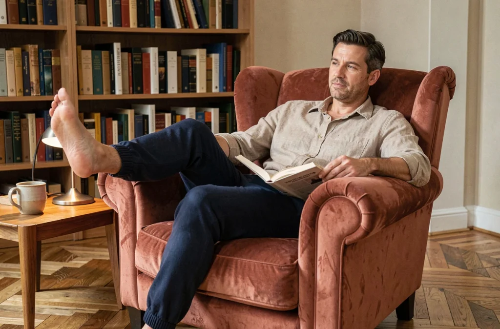 Homme détendu lisant un livre dans un fauteuil confortable au salon
