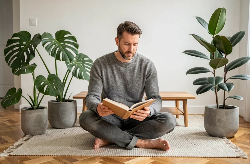 Homme lisant entouré de grandes plantes vertes dépolluantes dans un salon minimaliste
