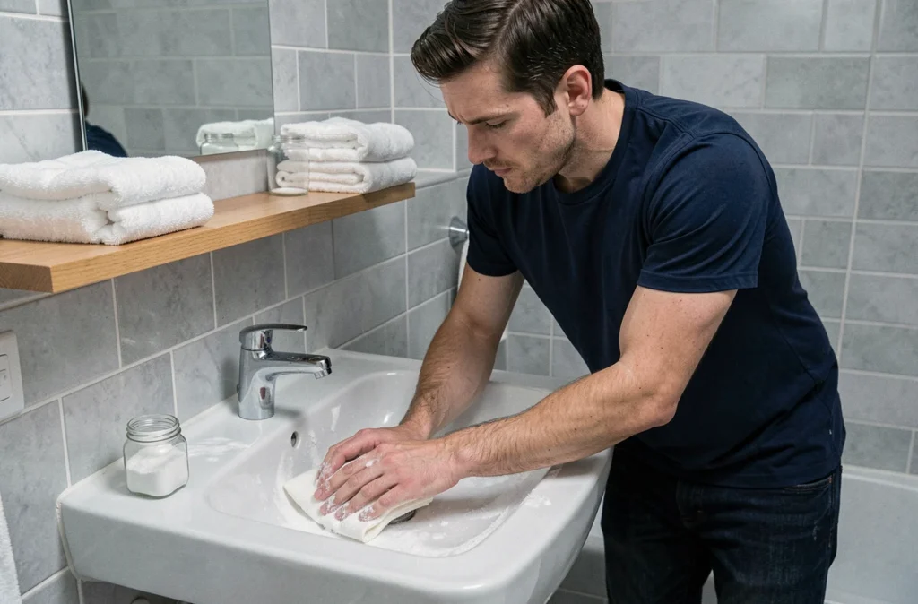 Homme nettoyant un évier de salle de bain avec du bicarbonate de soude et un chiffon humide